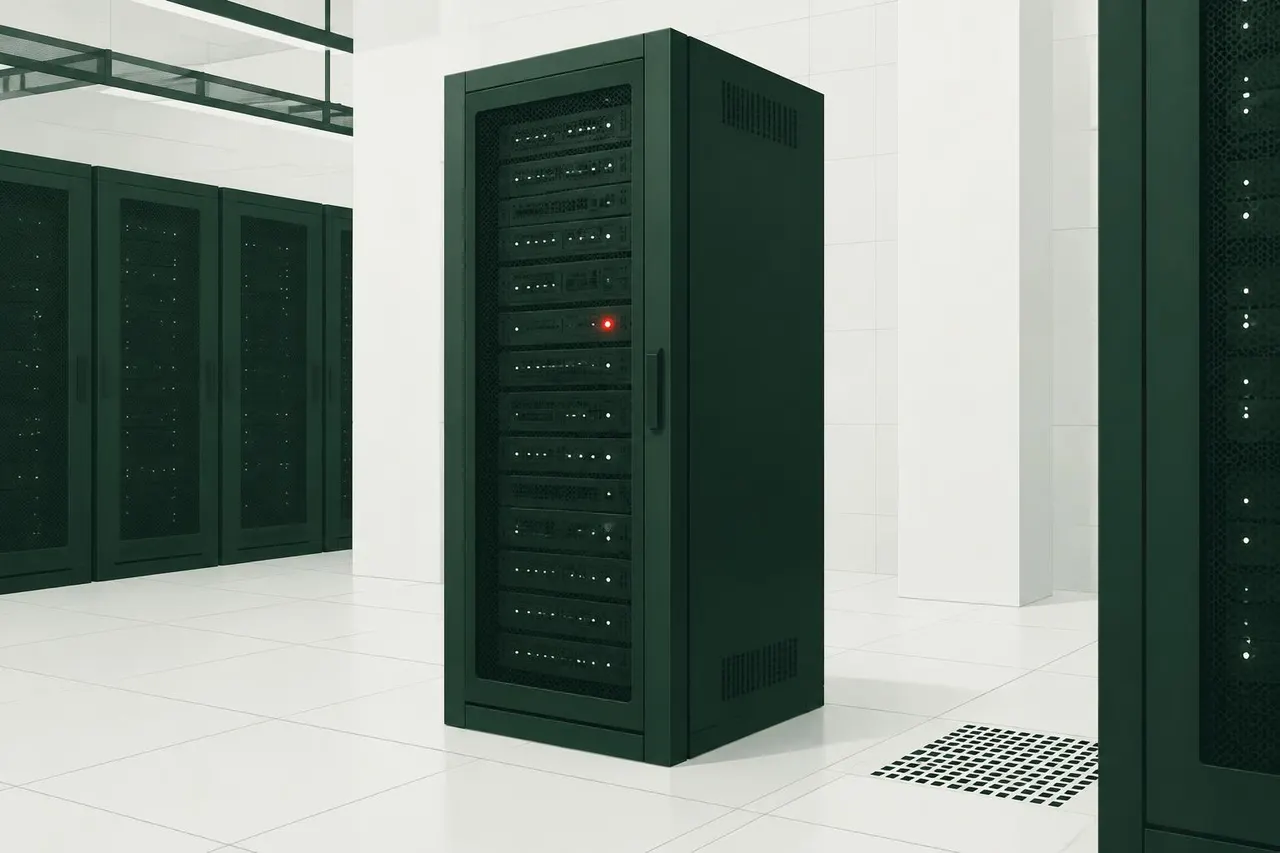 Dark green server rack standing in a bright, clean data centre with a single red status light
